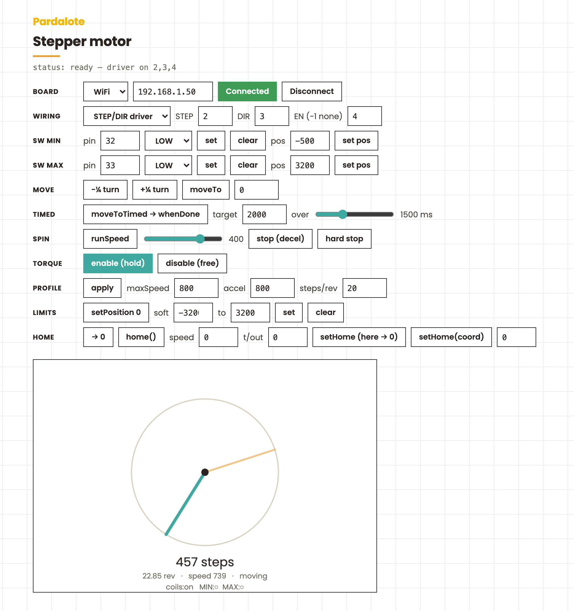 Stepper motor — the example running